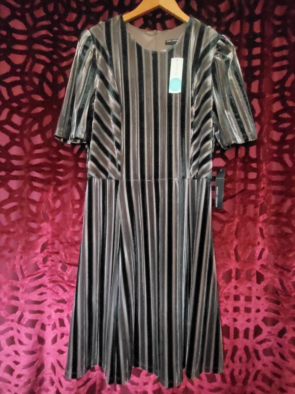 Maggy London Striped Velvet Midi Dress - Teal & Grey